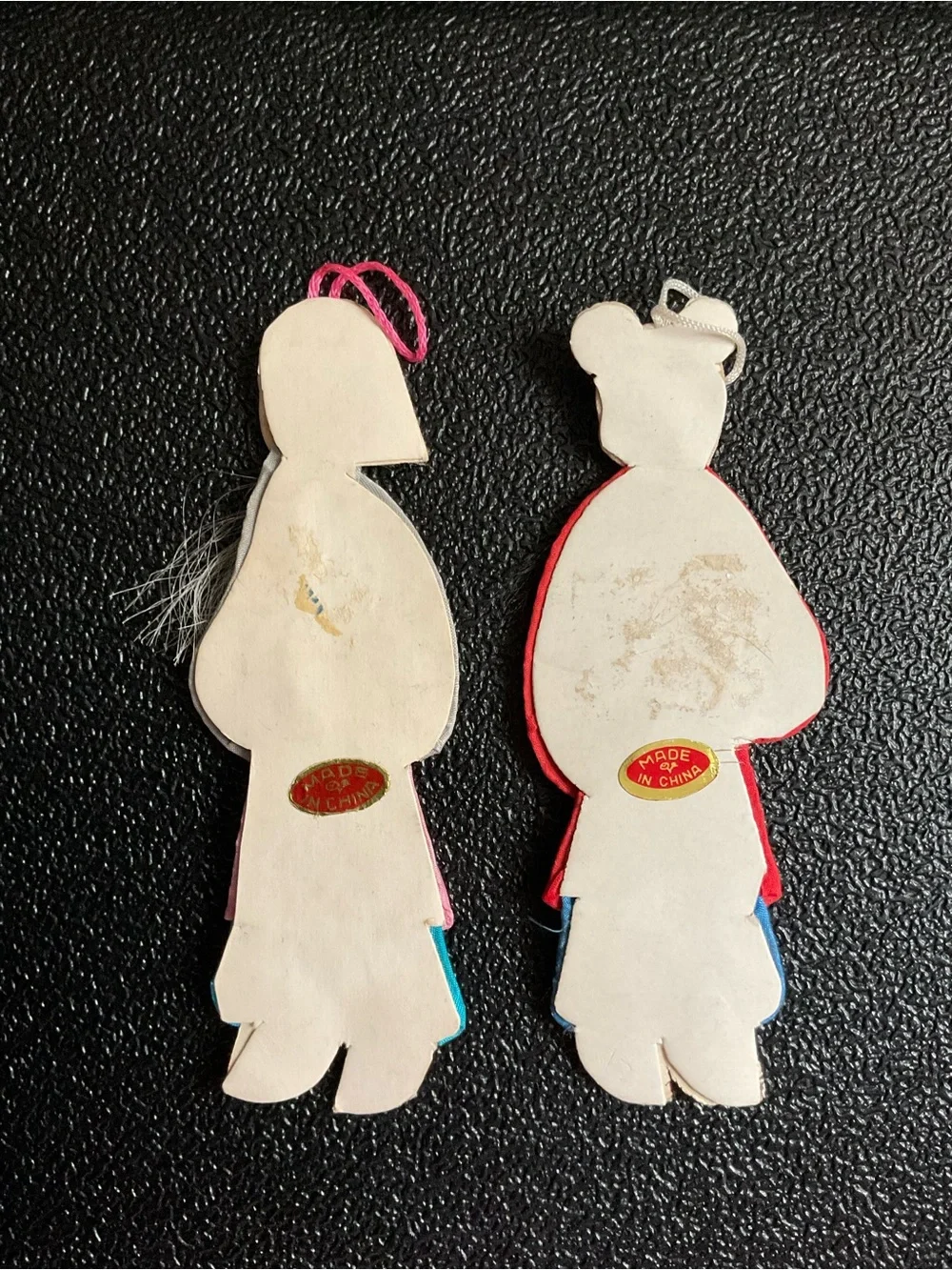 2 Vintage Chinese Folk Art Padded Silk & Cardboard Immortals Ornaments 5”